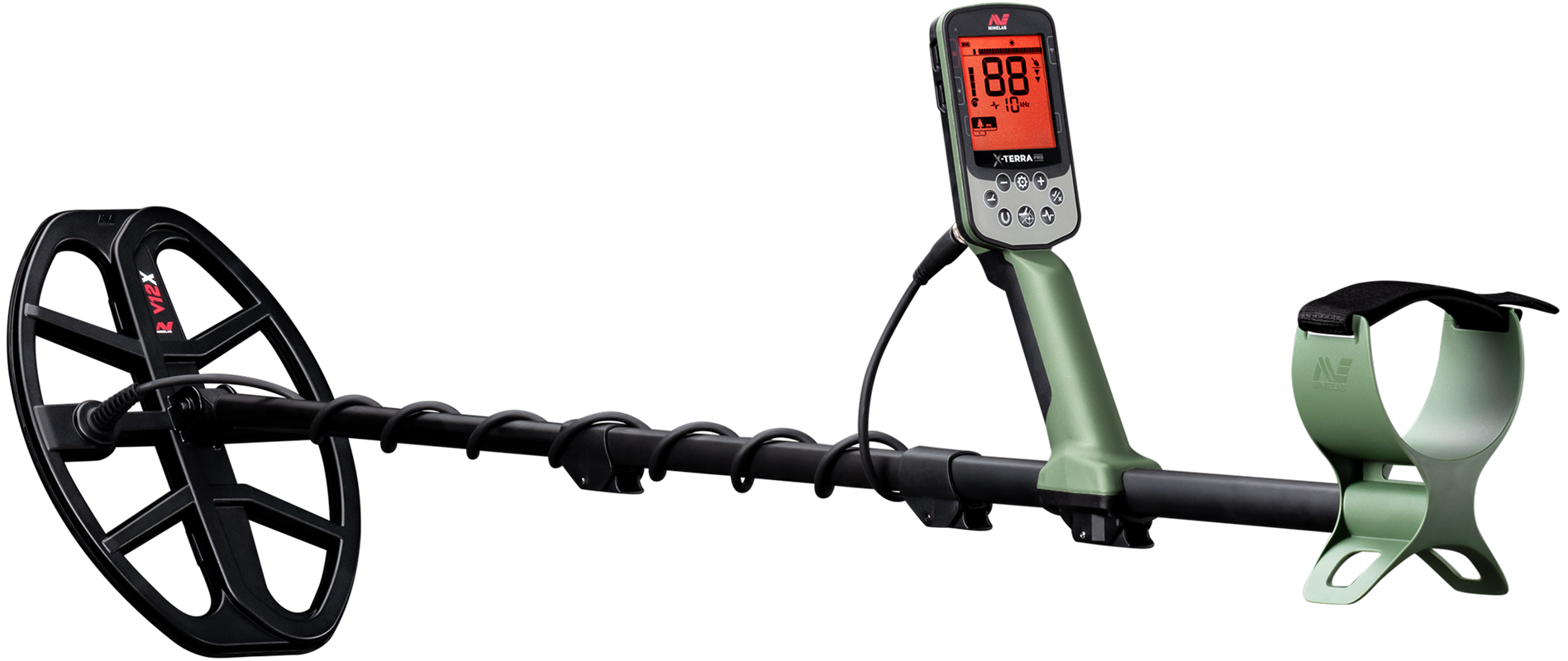 Detector de metales Minelab X-Terra Pro con bobina V12X, mango verde y apoyabrazos