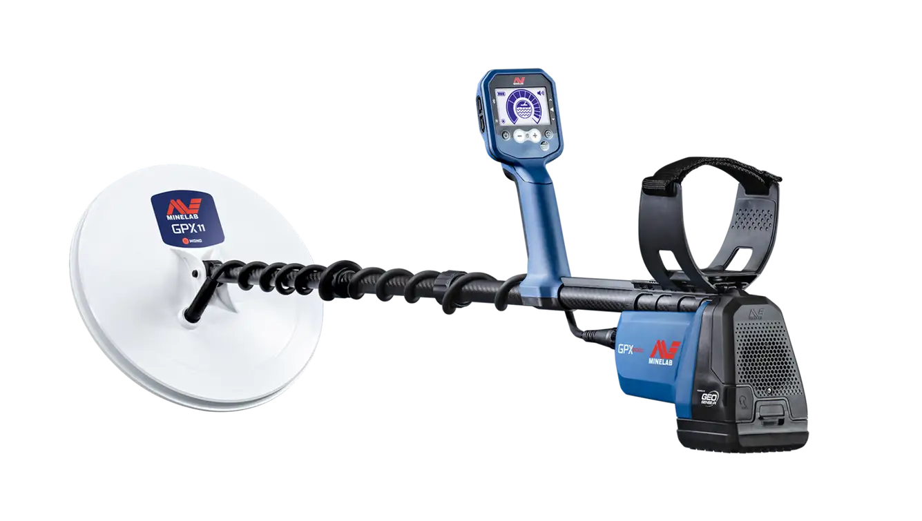 Detector de oro Minelab GPX 6000 con bobina GPX 11 Mono, tubo de fibra de carbono y mango azul
