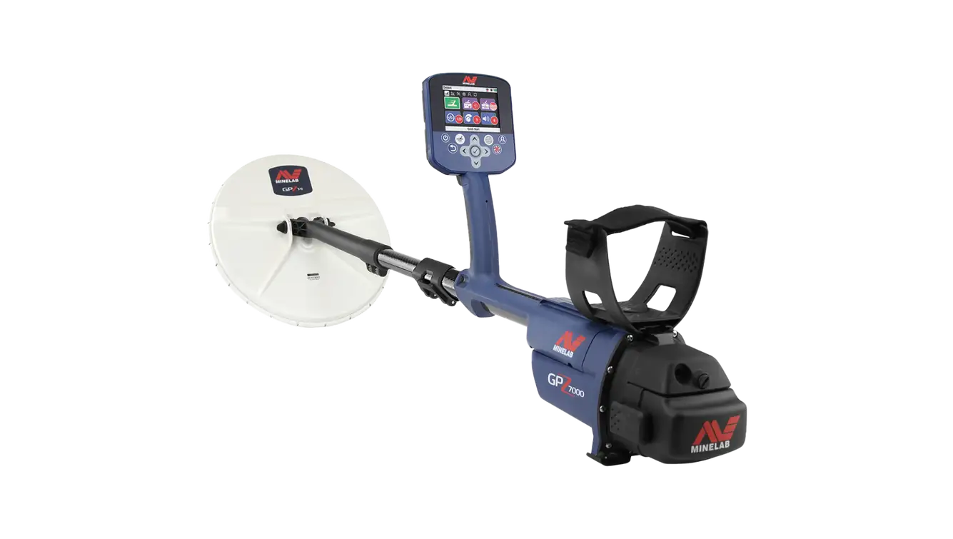 Detector de oro Minelab GPZ 7000 con bobina Super-D blanca, cuerpo azul y apoyabrazos