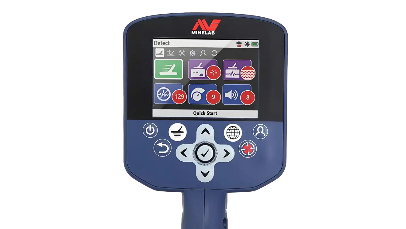 Panel con pantalla y botones del detector de oro Minelab GPZ 7000 en modo Detect